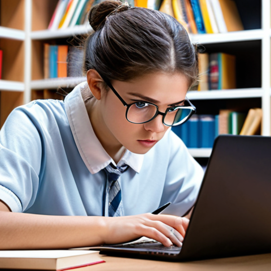 **

A focused student intensely studying specialized materials related to technology, surrounded by books and online courses. The scene should depict a modern, bright study environment with a laptop displaying lines of code, emphasizing the theme of specialized thematic public service exams. Capture the determination in their eyes.

**