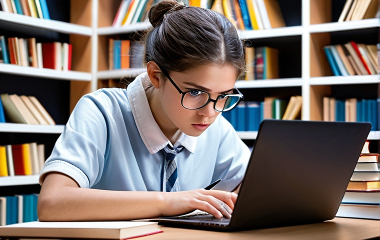 **
A focused student intensely studying specialized materials related to technology, surrounded by books and online courses. The scene should depict a modern, bright study environment with a laptop displaying lines of code, emphasizing the theme of specialized thematic public service exams. Capture the determination in their eyes.
**