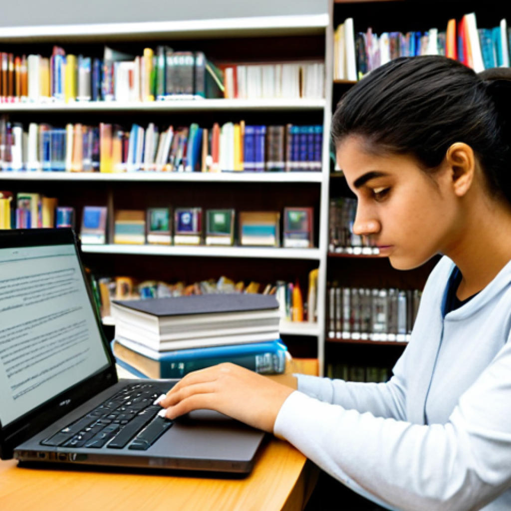 A focused young Brazilian adult, fully clothed in modest, comfortable study attire, diligently studying at a well-lit desk in a modern public library. They are surrounded by neatly organized books and a laptop displaying educational content, demonstrating resourcefulness and smart use of available tools. The pose is natural, capturing a moment of deep concentration. Perfect anatomy, correct proportions, well-formed hands, proper finger count, natural body proportions. Professional photography, high quality, safe for work, appropriate content, family-friendly.