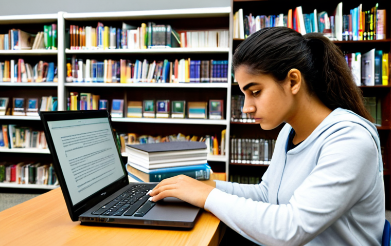A focused young Brazilian adult, fully clothed in modest, comfortable study attire, diligently studying at a well-lit desk in a modern public library. They are surrounded by neatly organized books and a laptop displaying educational content, demonstrating resourcefulness and smart use of available tools. The pose is natural, capturing a moment of deep concentration. Perfect anatomy, correct proportions, well-formed hands, proper finger count, natural body proportions. Professional photography, high quality, safe for work, appropriate content, family-friendly.