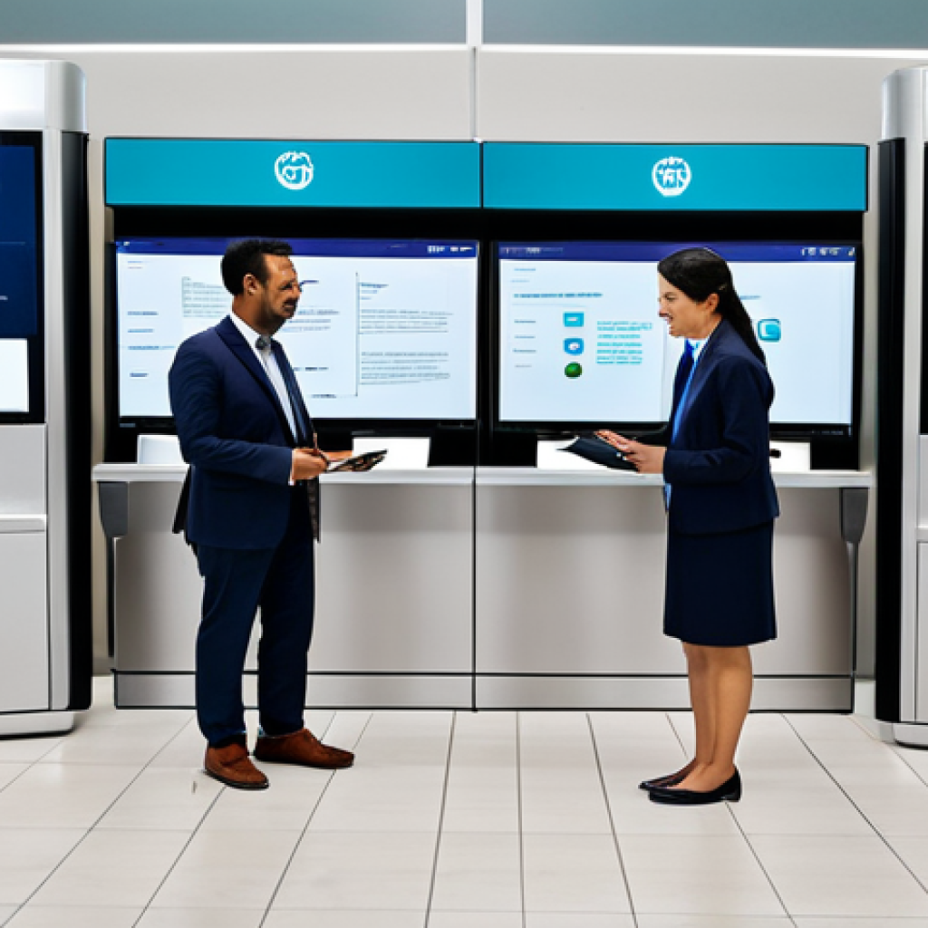 Digital Transformation in Public Service**

A diverse group of professional public servants and citizens, fully clothed in modern, modest business attire, interact seamlessly in a bright, contemporary government service center. The scene highlights digital transformation, with individuals utilizing sleek digital kiosks, tablets, and computers to access public services. The atmosphere is efficient, inclusive, and citizen-centric. The background features clean lines, natural light, and subtle governmental branding. The image conveys universal access and desburocratization, with perfect anatomy, correct proportions, natural pose, well-formed hands, proper finger count, and natural body proportions. Professional photography, high resolution, and soft lighting enhance the scene. safe for work, appropriate content, fully clothed, professional, modest.

**