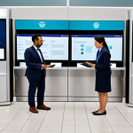 Digital Transformation in Public Service**

A diverse group of professional public servants and citizens, fully clothed in modern, modest business attire, interact seamlessly in a bright, contemporary government service center. The scene highlights digital transformation, with individuals utilizing sleek digital kiosks, tablets, and computers to access public services. The atmosphere is efficient, inclusive, and citizen-centric. The background features clean lines, natural light, and subtle governmental branding. The image conveys universal access and desburocratization, with perfect anatomy, correct proportions, natural pose, well-formed hands, proper finger count, and natural body proportions. Professional photography, high resolution, and soft lighting enhance the scene. safe for work, appropriate content, fully clothed, professional, modest.

**