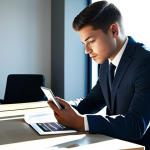 A focused young professional, fully clothed in a modest, modern business suit, is seated at a sleek desk in a sunlit, contemporary government office. They are engaged in deep critical thinking, looking intently at a digital tablet displaying complex data, reflecting the need for analytical skills in public service. The background features subtle, clean architectural lines and integrated technology screens. The atmosphere is calm and highly professional. Perfect anatomy, correct proportions, natural pose, well-formed hands, proper finger count. Professional photography, high quality, safe for work, appropriate content, family-friendly.
