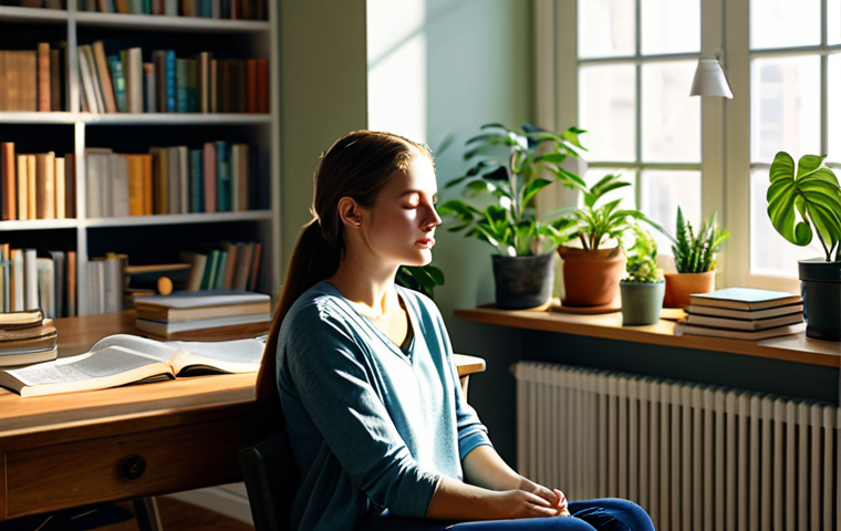공무원 시험 공부 중 슬럼프 극복 방법 - Serene Study Space**
"A young woman fully clothed in comfortable attire, practicing deep breathing ...
