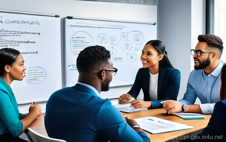 공무원 채용 시험의 변화 동향 - A vibrant, modern government office bustling with activity. Diverse public servants, dressed in busi...