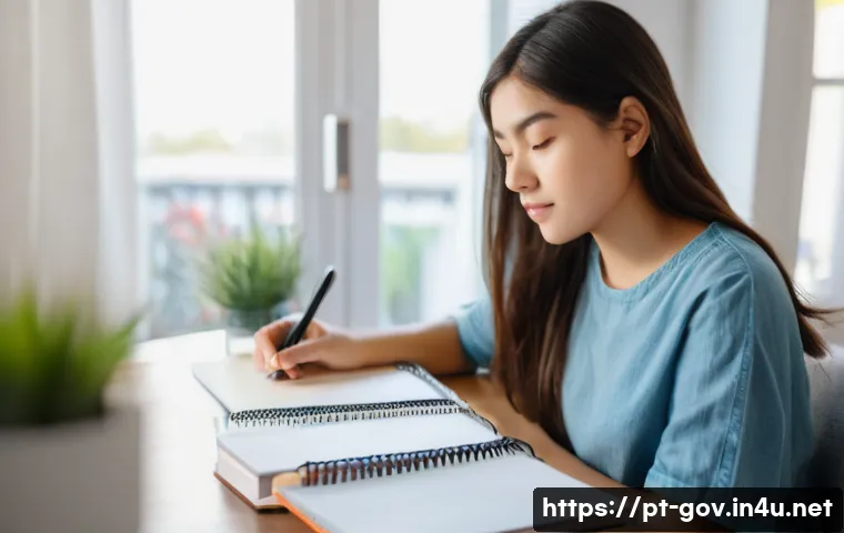 공무원 승진 시험 실무 대비법 - **Prompt:** A focused young adult, possibly a female student in her early twenties, seated at a well...