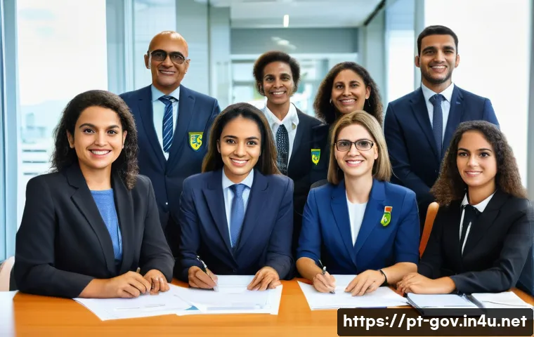 공무원 직무와 학력의 관계 - A diverse group of Brazilian public servants in a modern government office, showcasing various profe...