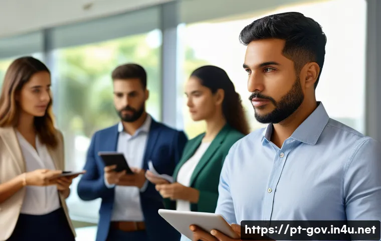 공무원 생활 중 에피소드와 교훈 - A professional public servant in a modern Brazilian government office, attentively explaining new le...