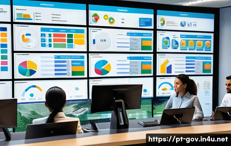 공무원 조직 내 주요 성과 분석 사례 - A modern Brazilian public service office scene showing diverse government employees working collabor...