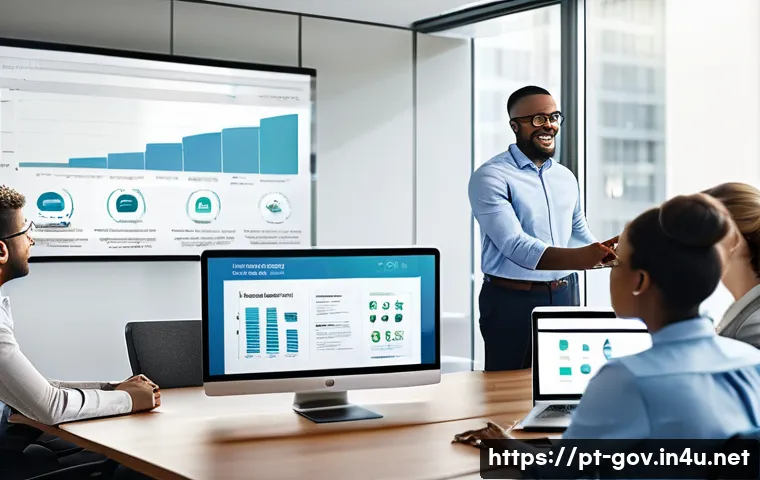 공무원 승진을 위한 자기계발 전략 - A professional office scene featuring a diverse group of public sector employees in business casual ...