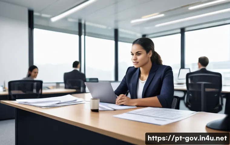 공무원 직렬 선택 시 고려할 주요 요소 - A detailed office scene depicting a Brazilian public administration worker in a modern government bu...