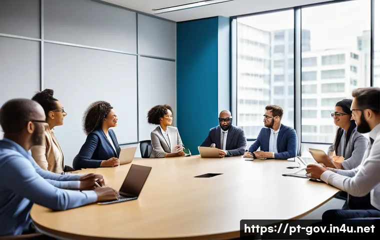 공무원 조직 내 협력 문화와 성공 사례 - A diverse group of public sector employees in a modern government office, engaging in a lively and t...