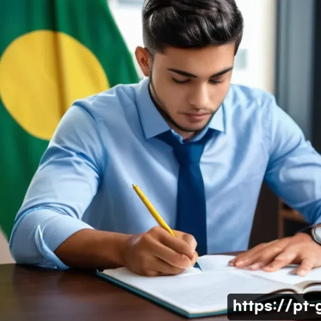 공무원 시험과 직무 연계성 이해하기 - A focused study environment showing a young adult Brazilian candidate preparing for a public service...