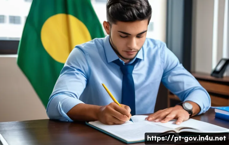 공무원 시험과 직무 연계성 이해하기 - A focused study environment showing a young adult Brazilian candidate preparing for a public service...