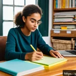 공무원 시험 합격자의 공부 스케줄 - A cozy, well-lit study room featuring a young adult with a focused expression, sitting at a wooden d...