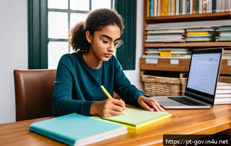 공무원 시험 합격자의 공부 스케줄 - A cozy, well-lit study room featuring a young adult with a focused expression, sitting at a wooden d...