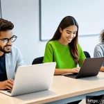 공무원 채용 방식의 변화 역사 - A modern digital public selection process scene in Brazil, featuring diverse candidates engaging wit...