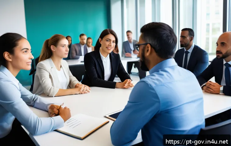 공무원 조직 내 갈등 해결 사례 - A diverse group of public service employees engaged in an active listening session in a modern gover...