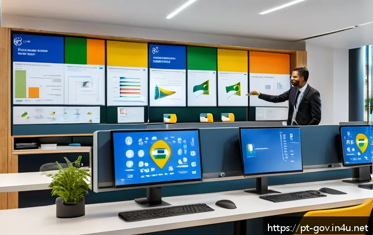 공무원 직무와 관련된 최신 이슈 - A modern public service office scene featuring diverse Brazilian civil servants working efficiently ...