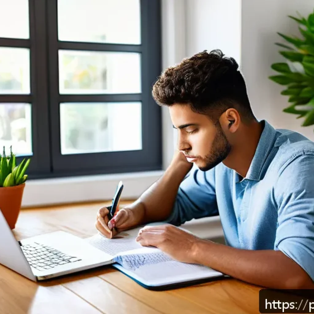 공무원 시험 준비 중 유용한 자료 사이트 - A focused Portuguese young adult studying at a tidy desk in a modern home office, using a laptop wit...