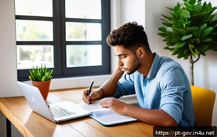 공무원 시험 준비 중 유용한 자료 사이트 - A focused Portuguese young adult studying at a tidy desk in a modern home office, using a laptop wit...