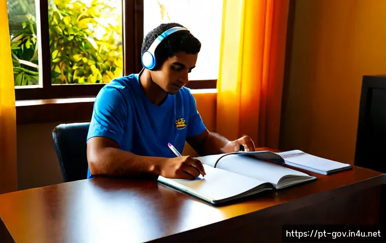 공무원 시험 준비 중 도움 되는 동영상 강의 - Photorealistic Brazilian civil service exam candidate studying with a video lecture on a laptop, foc...